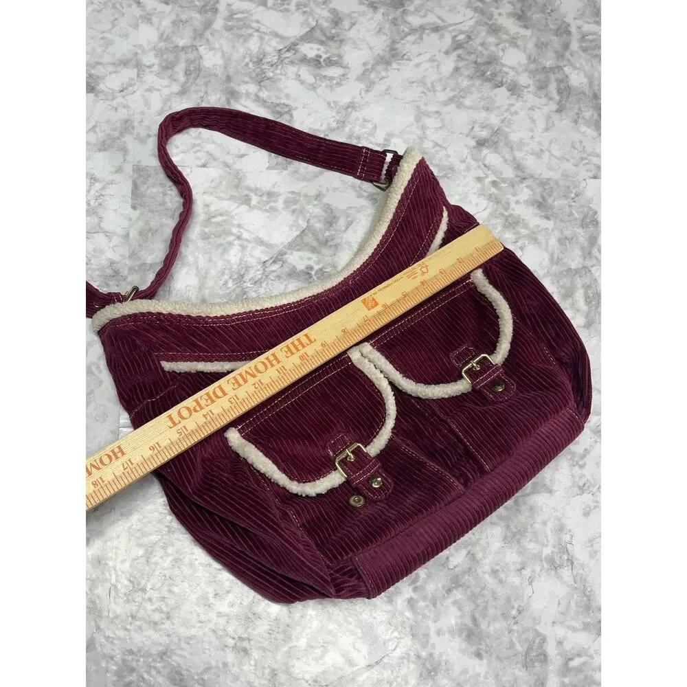 Y2K Indie Sleaze Burgundy Corduroy Sherpa Trim Shoulder Bag Unbranded Hobo Purse